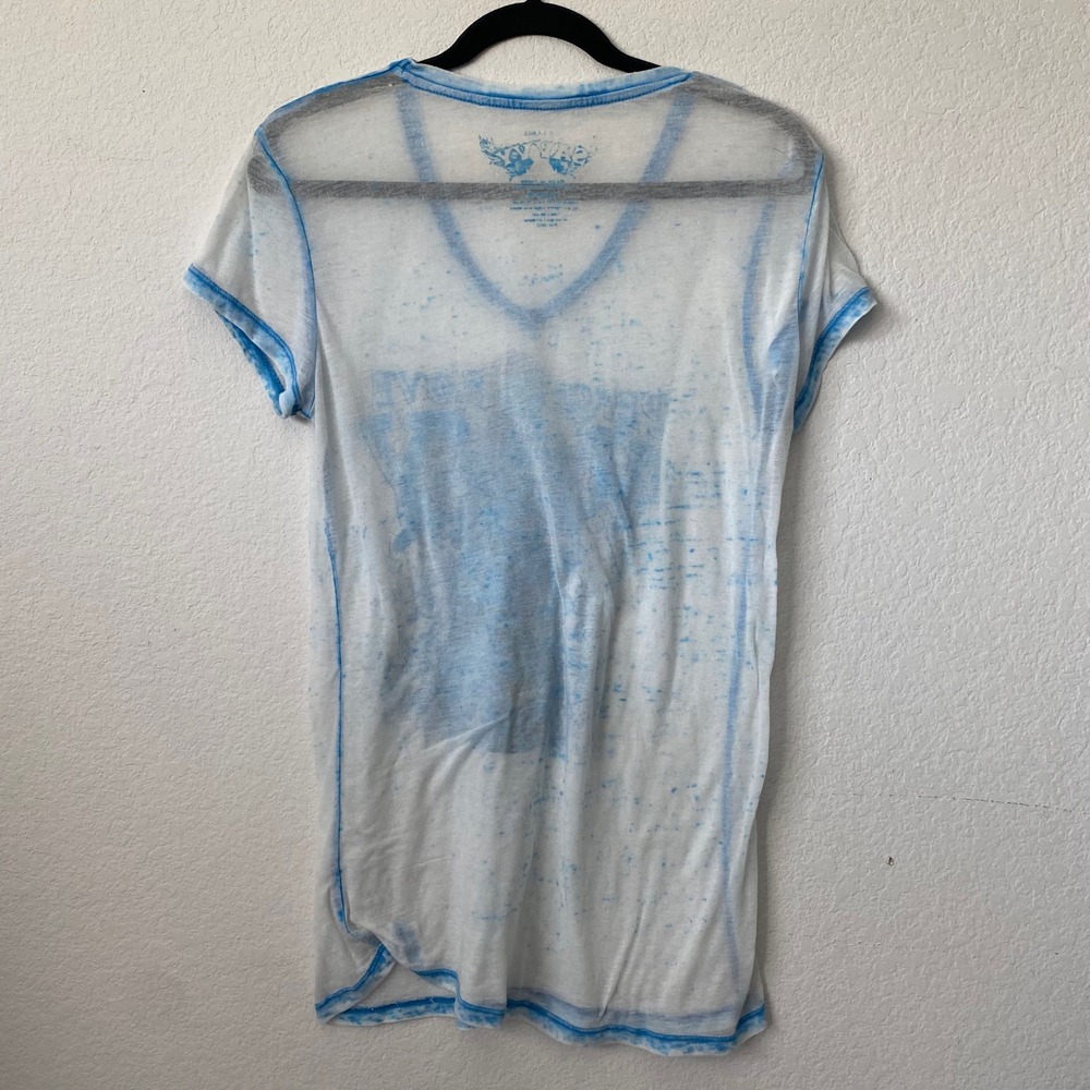Peace Frogs Y2K Graphic Tee Womens XL White Blue Acid Wash Burnout V Neck Guitar - Picture 3 of 10